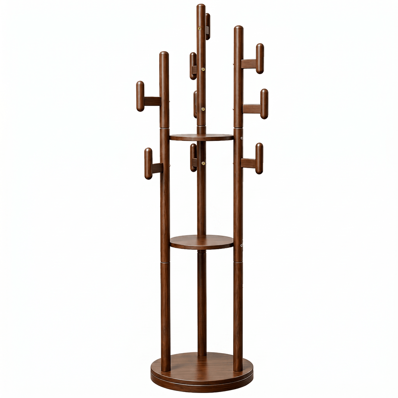 Rotary Coat Rack Solid Wood 9 Hooks & 3 Shelves - TAITIY