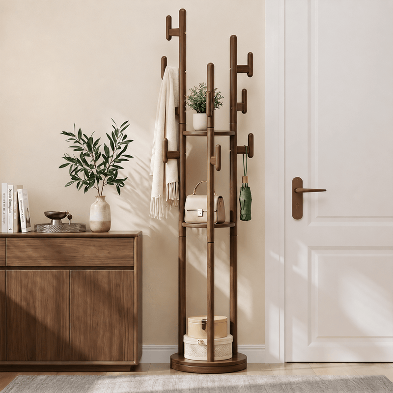 Rotary Coat Rack Solid Wood 9 Hooks & 3 Shelves - TAITIY