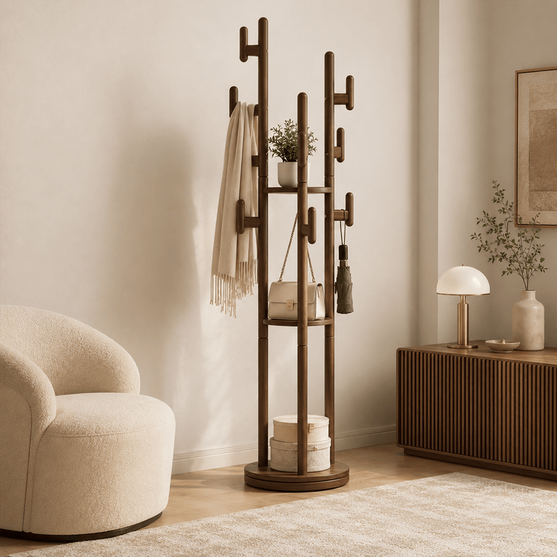 Rotary Coat Rack Solid Wood 9 Hooks & 3 Shelves - TAITIY
