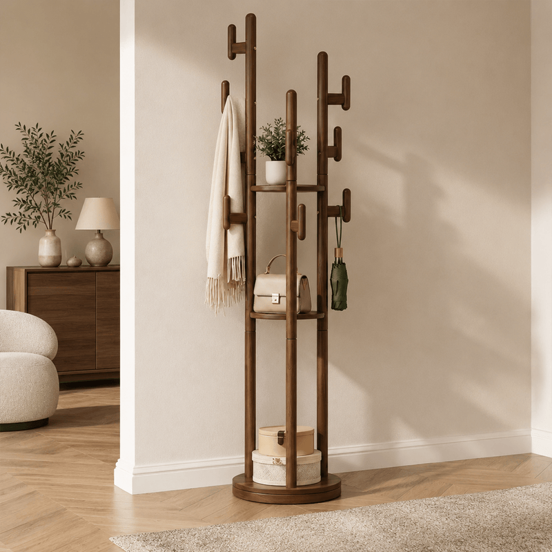 Rotary Coat Rack Solid Wood 9 Hooks & 3 Shelves - TAITIY