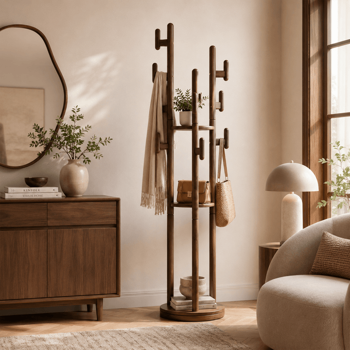Rotary Coat Rack Solid Wood 9 Hooks & 3 Shelves - TAITIY