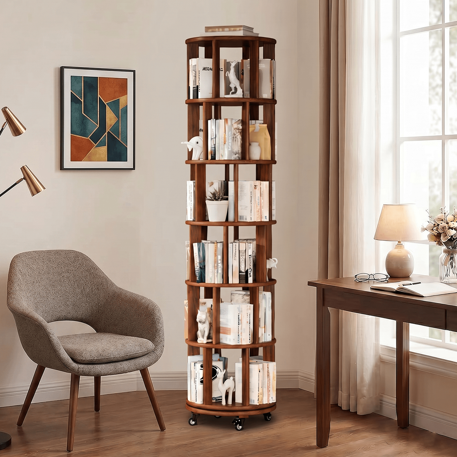 Rotating Bookshelf — Solid Wood, 6 - Tier 360° - TAITIY
