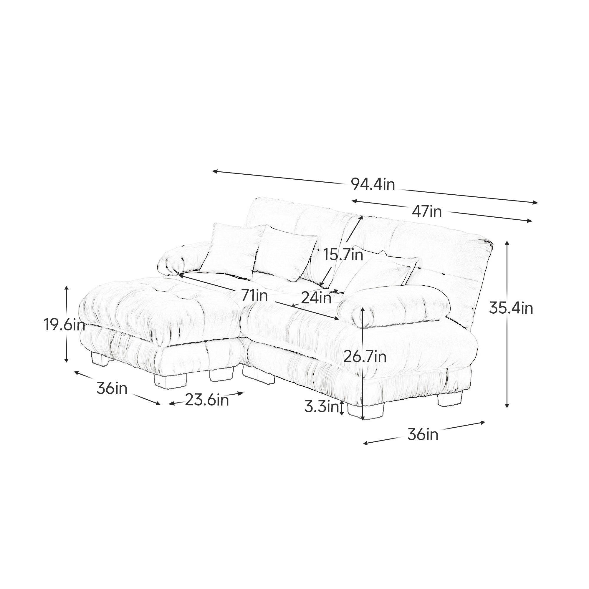 Sofa with Convertible Ottoman, 2 - Seat - TAITIY