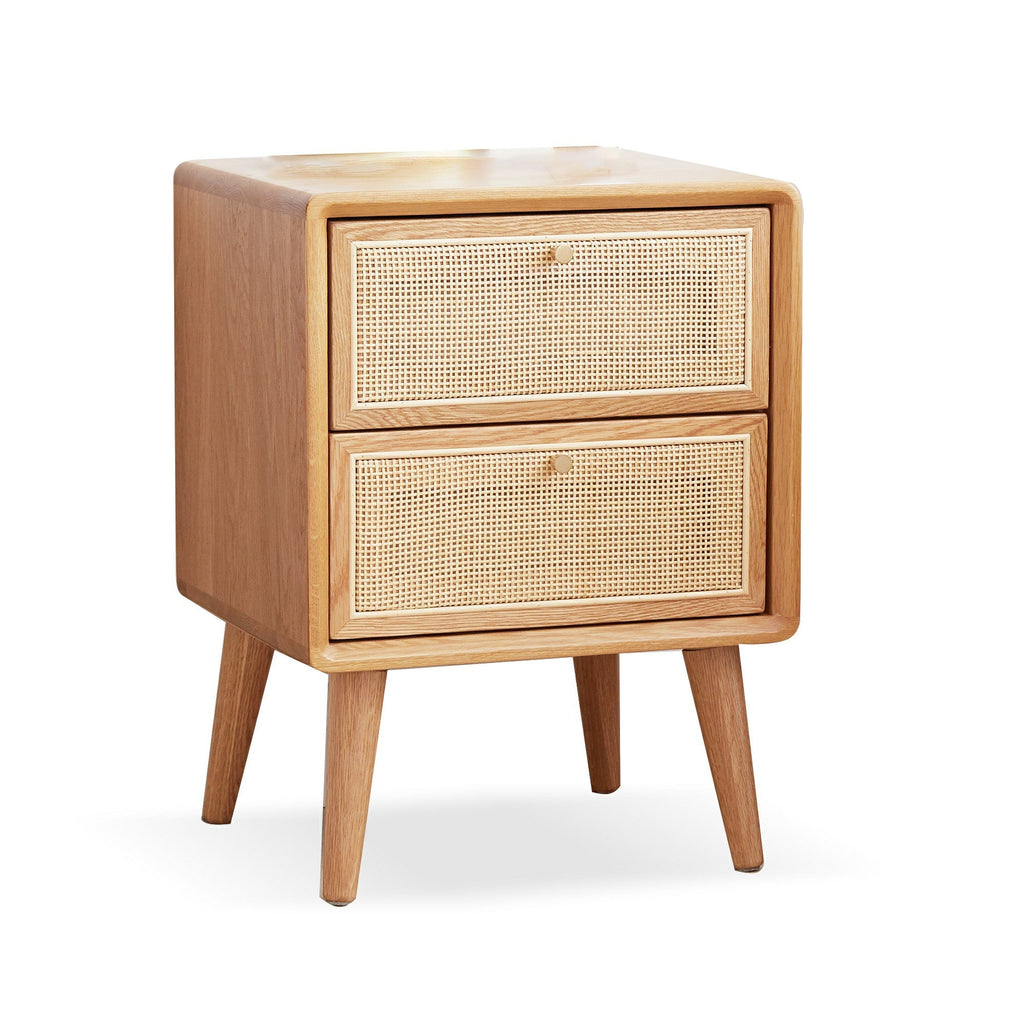 Solid Oak Nightstand — Natural, Rattan Drawer - TAITIY
