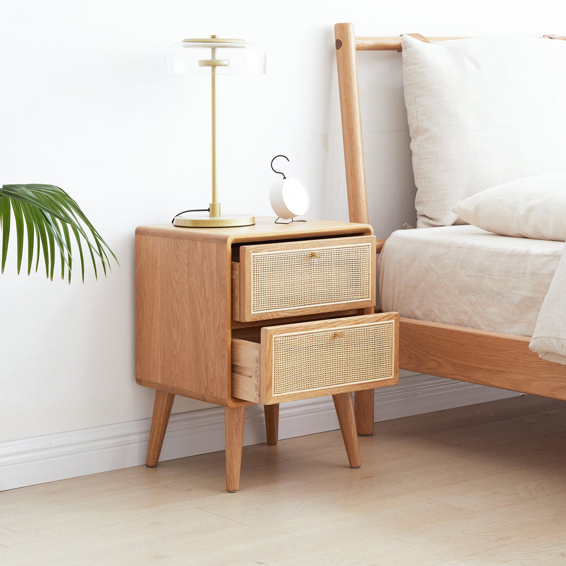 Solid Oak Nightstand — Natural, Rattan Drawer - TAITIY