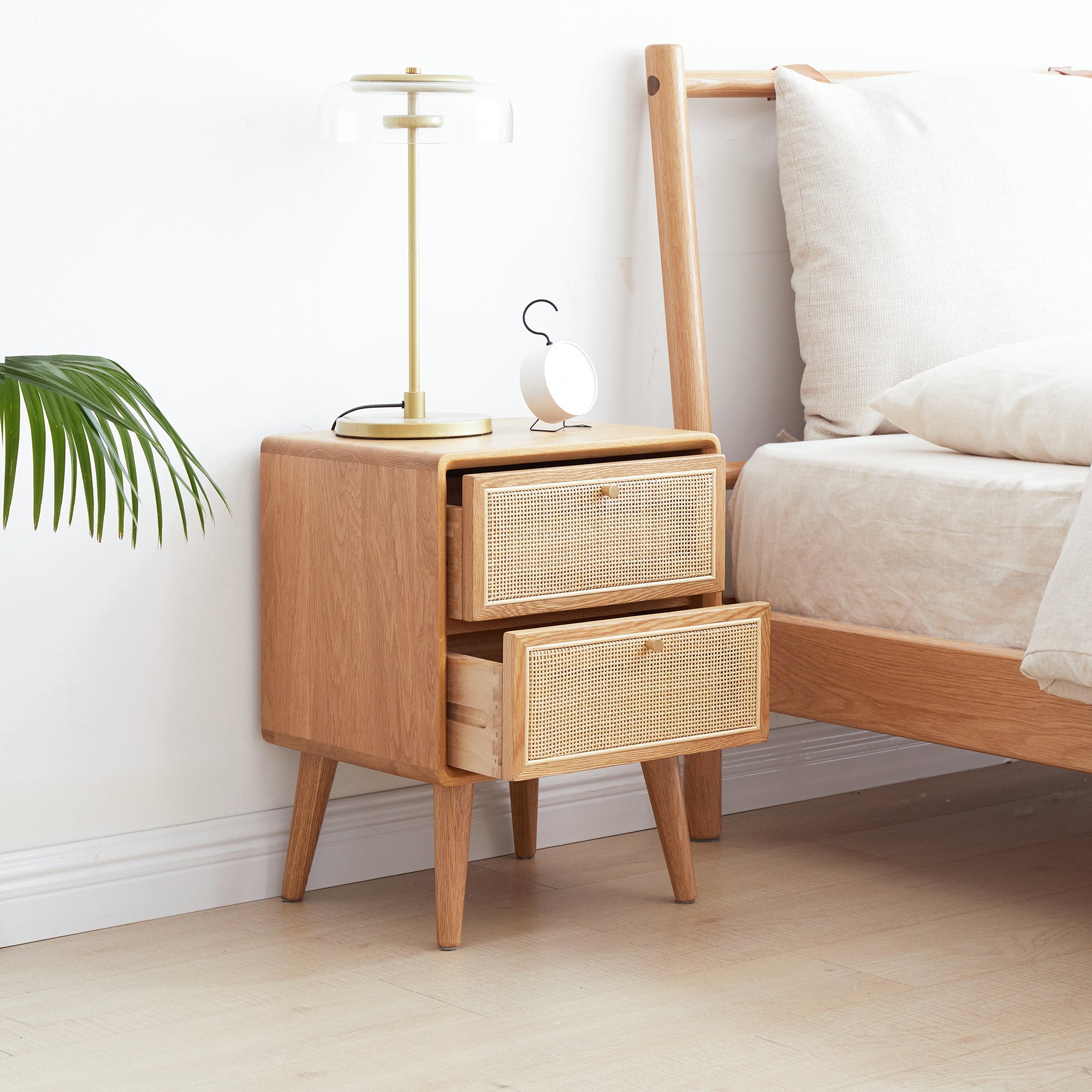Solid Oak Nightstand — Natural, Rattan Drawer - TAITIY