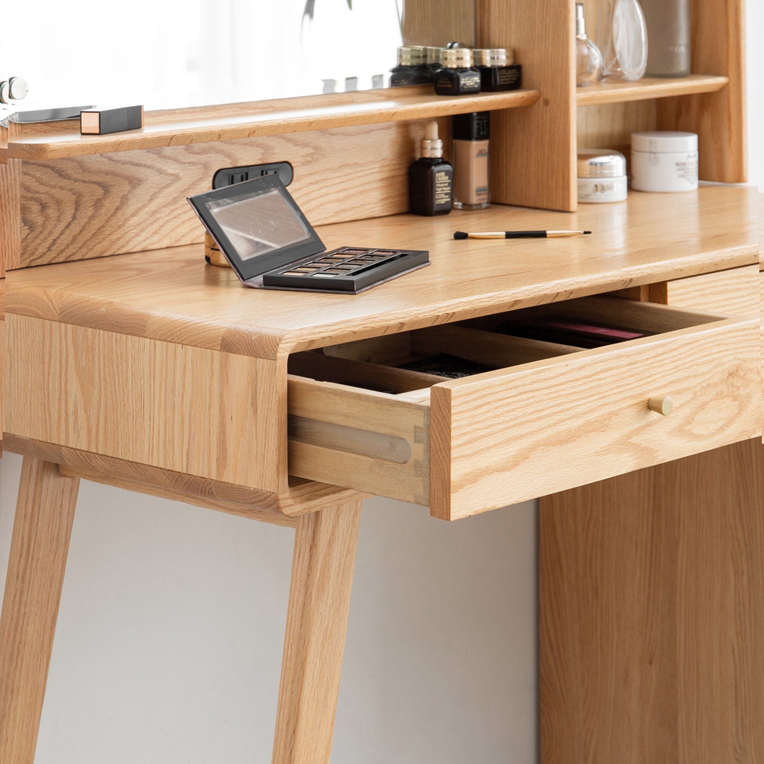 Solid Oak Vanity Desk with 4 Drawers, Adjustable Width - TAITIY