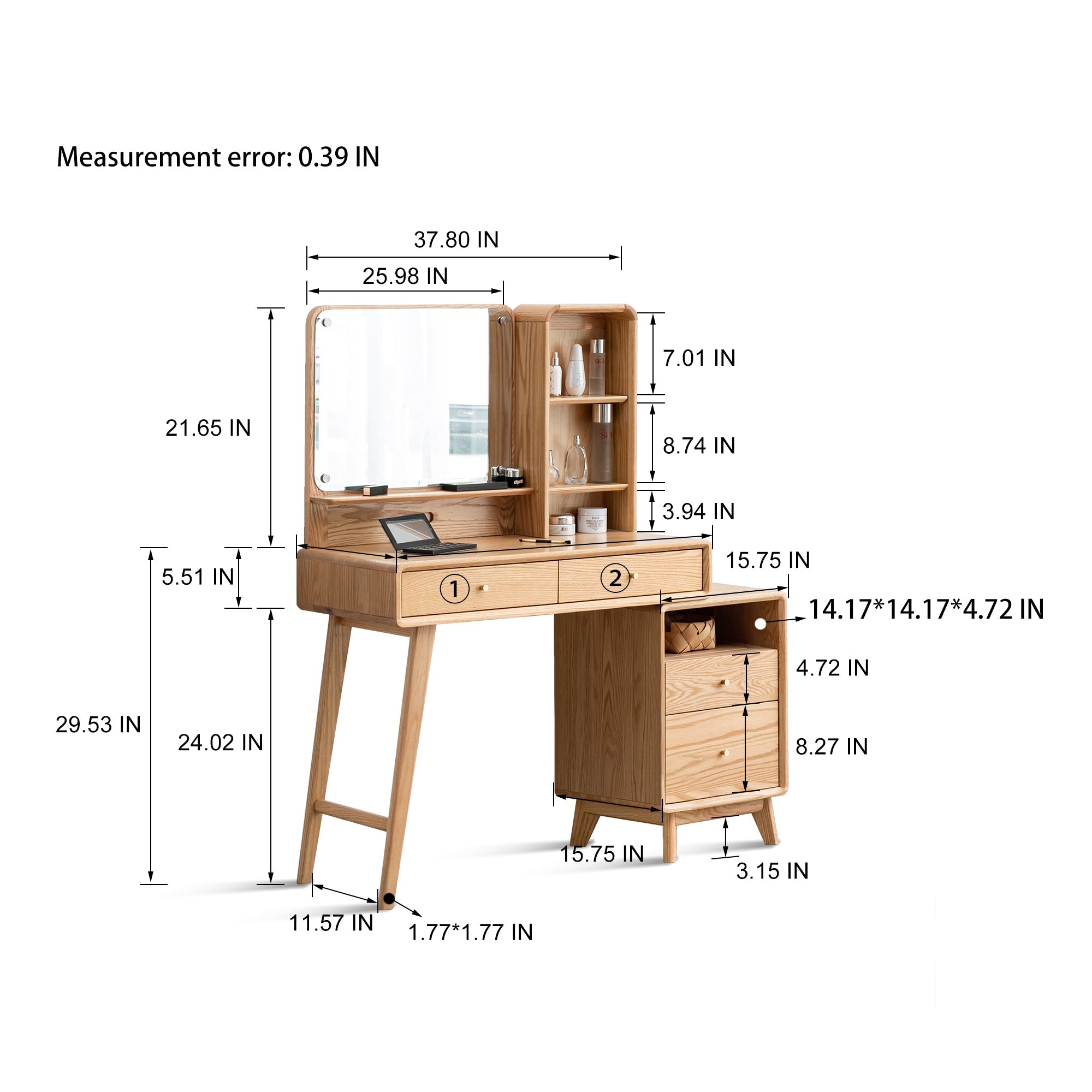 Solid Oak Vanity Desk with 4 Drawers, Adjustable Width - TAITIY
