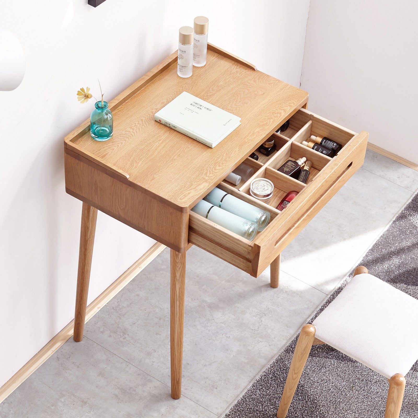 Solid Wood Oak Bistro Table Desk with Storage Drawer and Natural Finish, 60cm Width - TAITIY