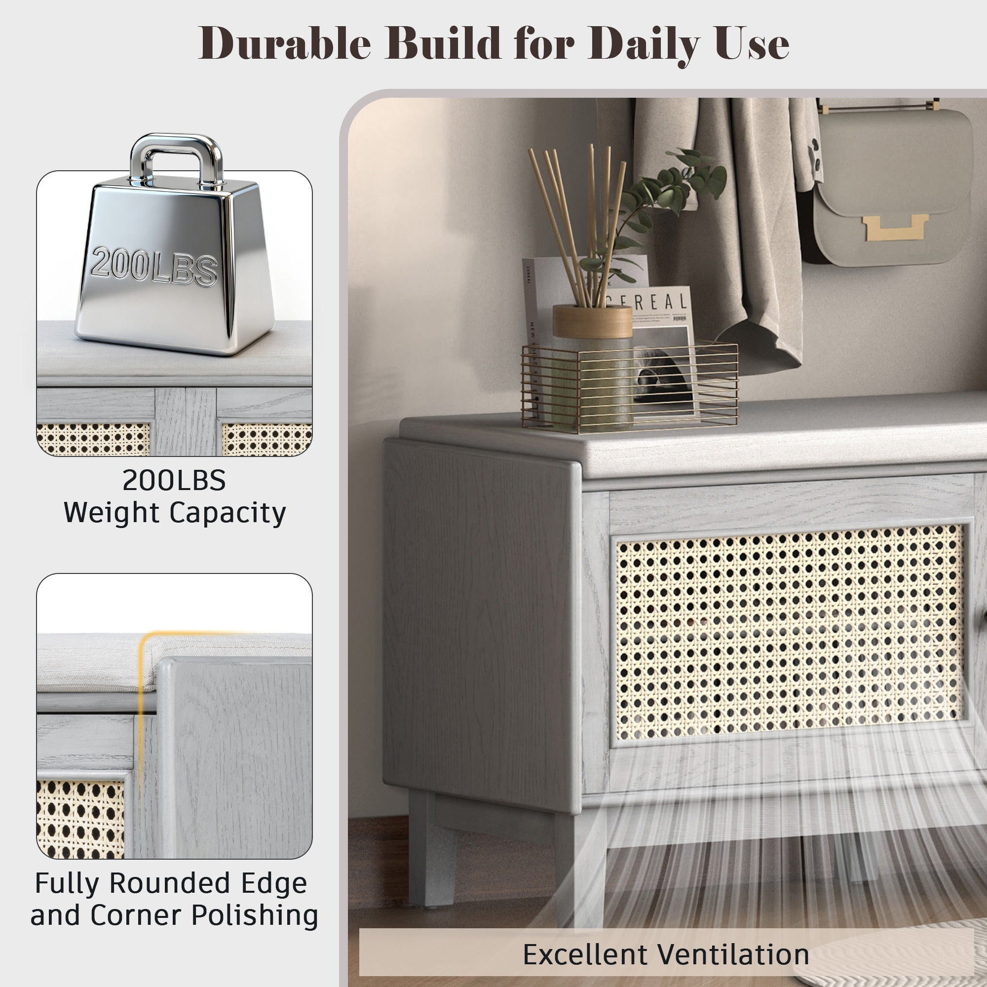 Storage Bench with Cushion — Gray - TAITIY