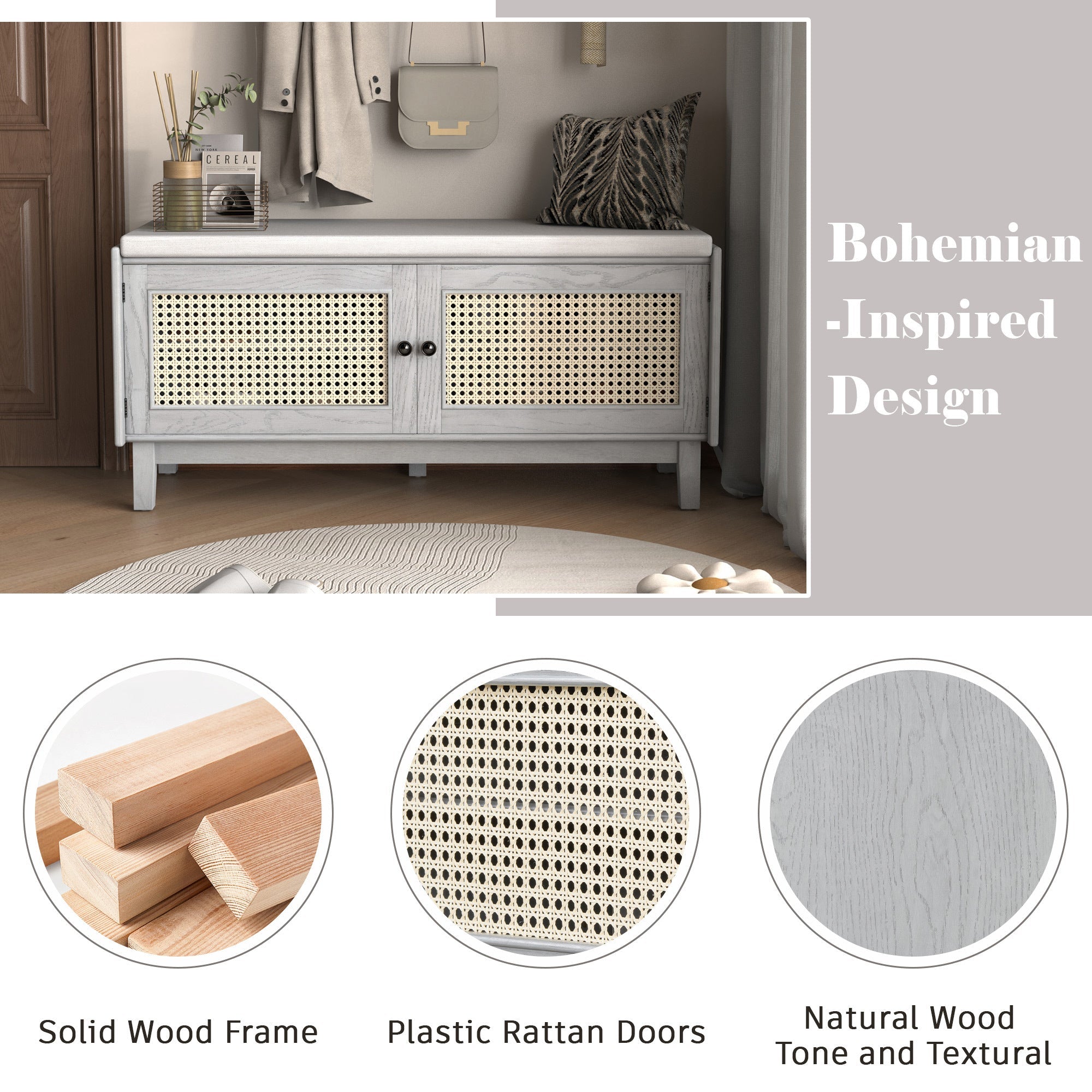 Storage Bench with Cushion — Gray - TAITIY