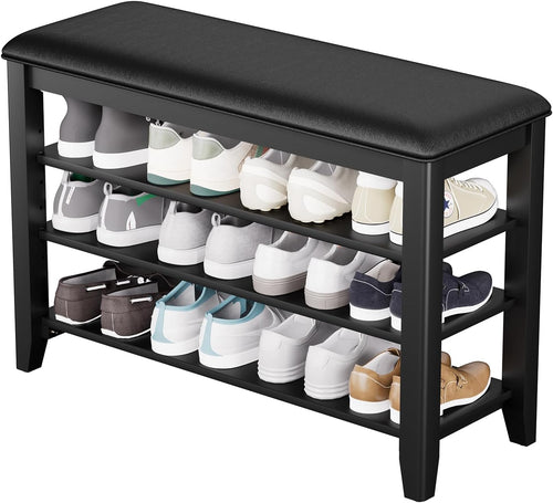 TAITIY 31.5 - Inch Black Leather Cushion Shoe Storage Bench - TAITIY