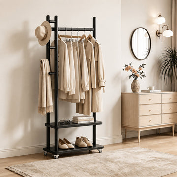 Taitiy Coat Rack Solid Wood Stand Storage 2 Shelves 4 Hooks Black - TAITIY