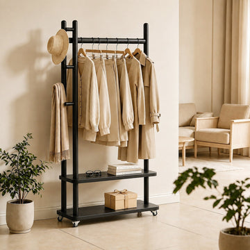 Taitiy Coat Rack Solid Wood Stand Storage 2 Shelves 4 Hooks Black - TAITIY