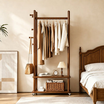 Taitiy Coat Rack Solid Wood Stand Storage 2 Shelves 4 Hooks Black - TAITIY