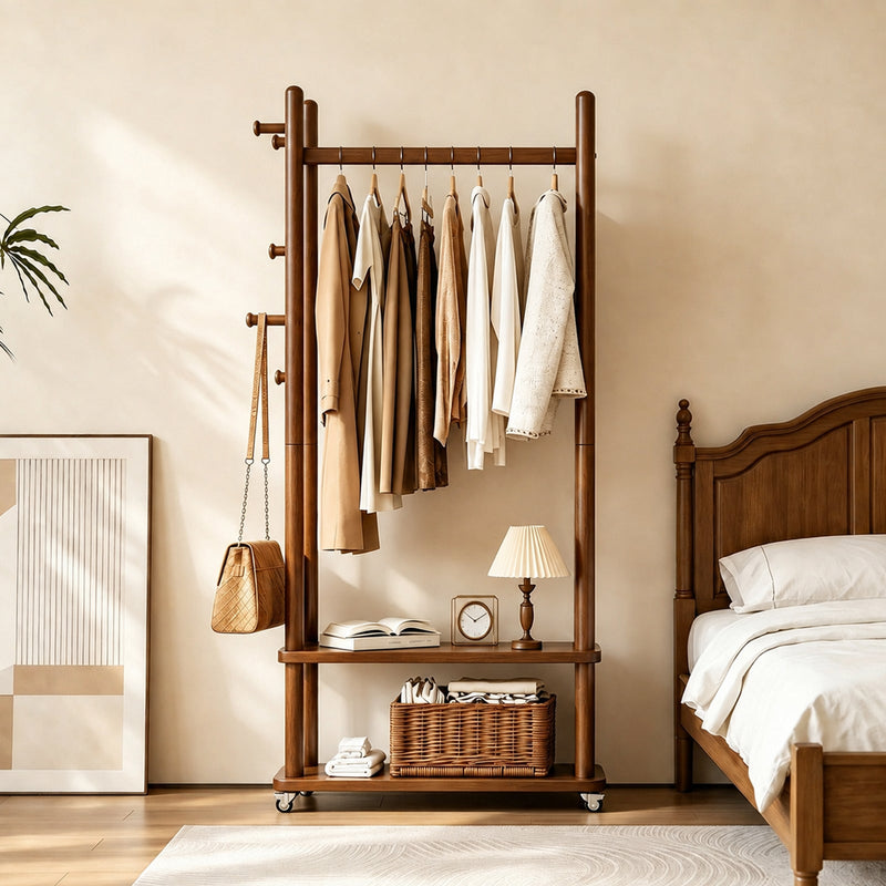 Taitiy Coat Rack Solid Wood Stand Storage 2 Shelves 4 Hooks Black - TAITIY