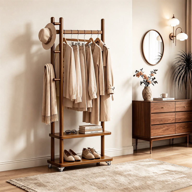 Taitiy Coat Rack Solid Wood Stand Storage 2 Shelves 4 Hooks Black - TAITIY