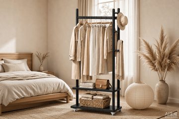Taitiy Coat Rack Solid Wood Stand Storage 2 Shelves 5 Hooks Black - TAITIY