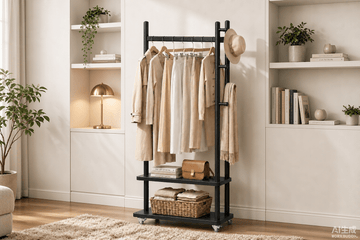 Taitiy Coat Rack Solid Wood Stand Storage 2 Shelves 5 Hooks Black - TAITIY