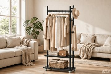 Taitiy Coat Rack Solid Wood Stand Storage 2 Shelves 5 Hooks Black - TAITIY