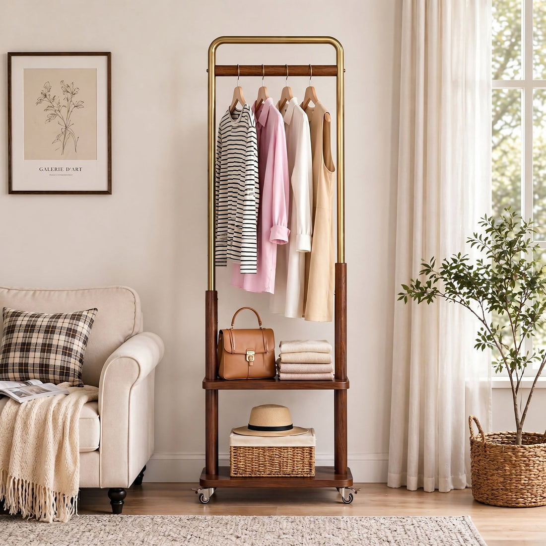 TAITIY Metal & Solid Wood Clothes Rack with Wheels - TAITIY