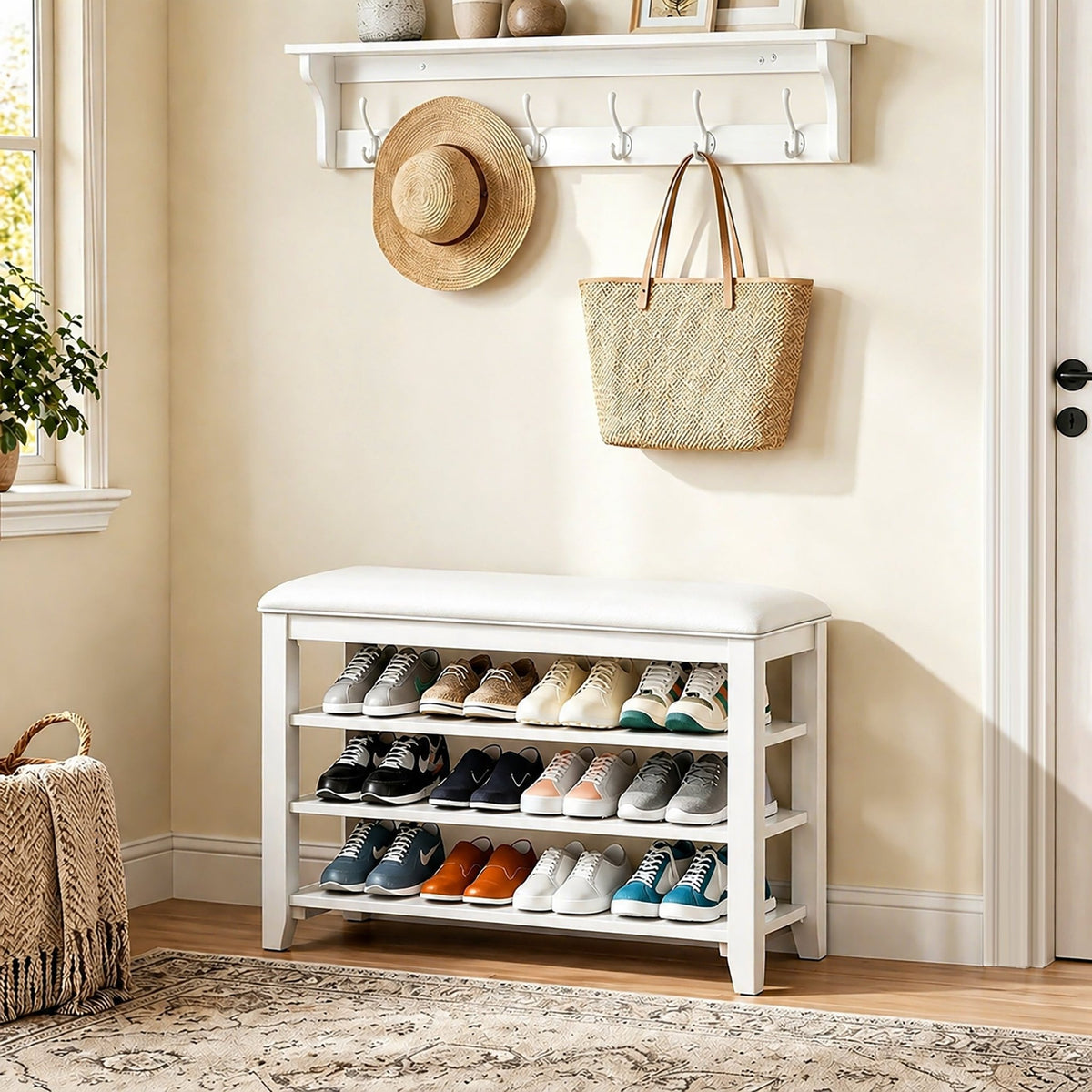 Taitiy | Multi-Tier Solid Wood Entryway Shoe Bench in White dimensions