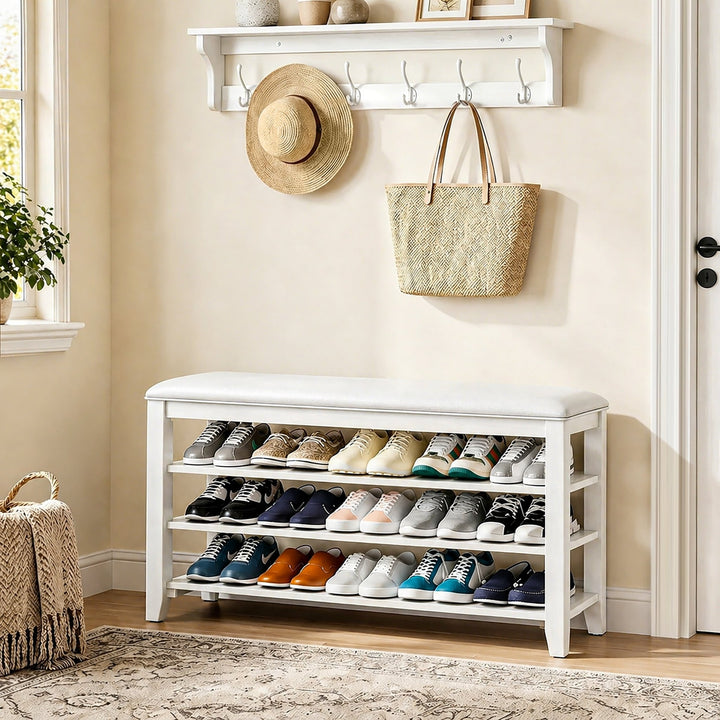 Taitiy | Multi-Tier Solid Wood Entryway Shoe Bench in White - TAITIY
