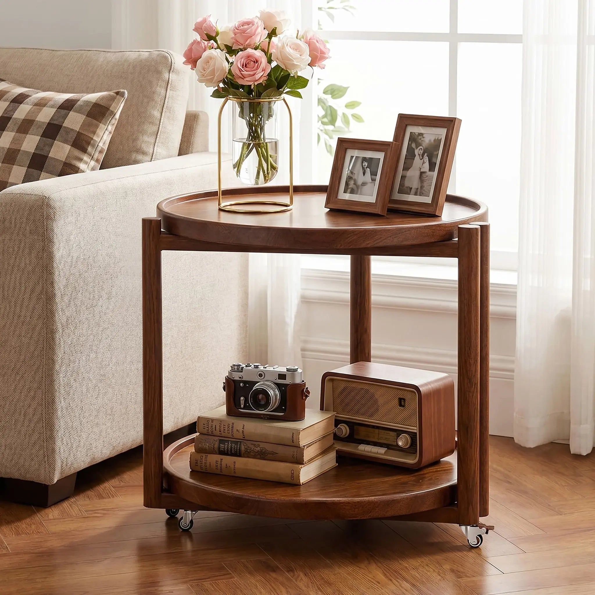 Rolling Side Table with Wheels-15.7"D