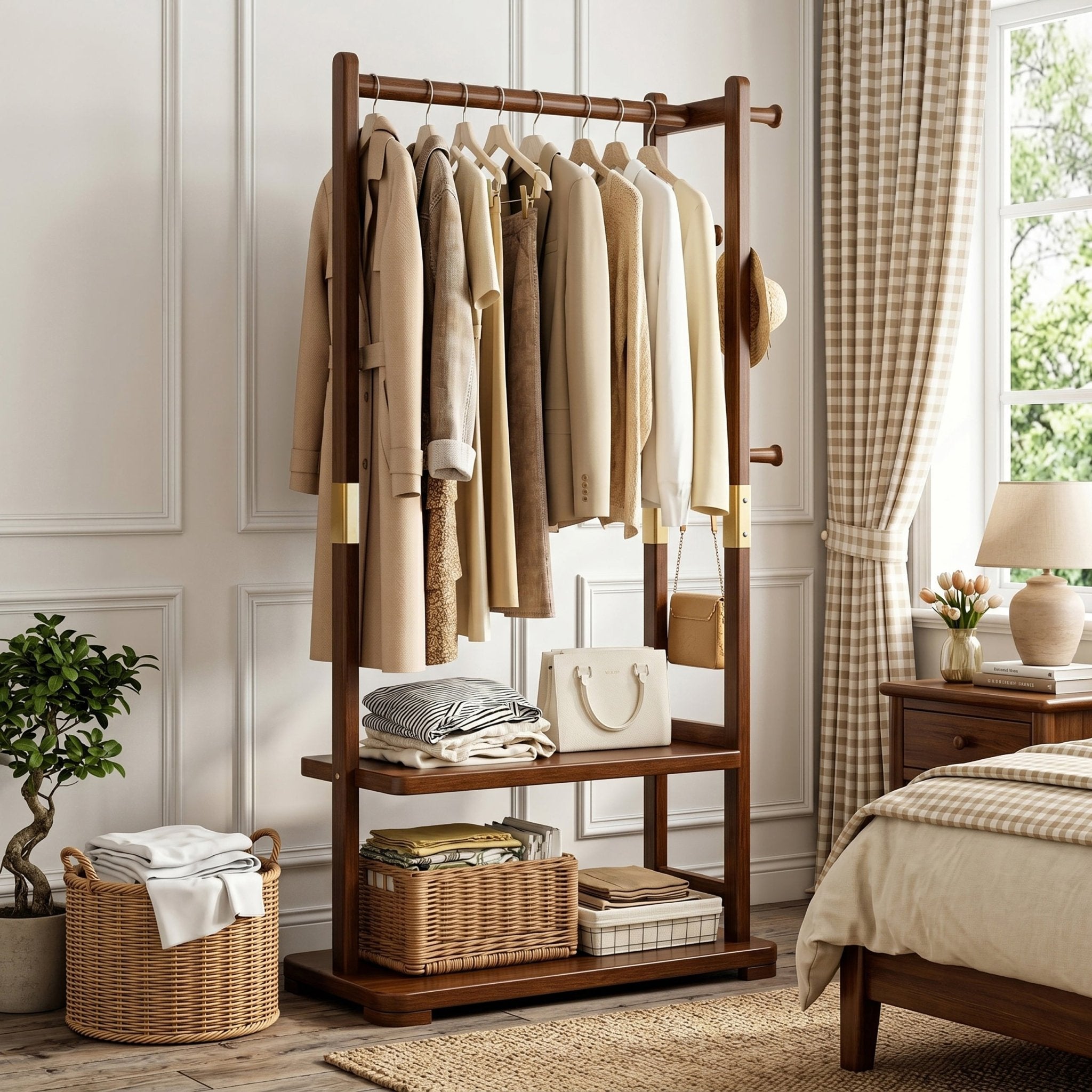 Taitiy Solid Wood Clothes Rack with Shelves & Hooks - TAITIY