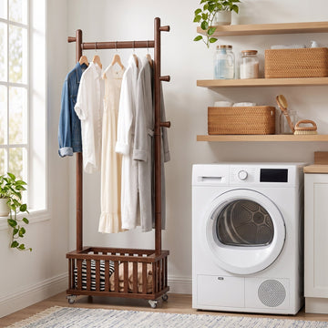 TAITIY Solid Wood Clothes Rack with Storage Basket & 5 Hooks - TAITIY