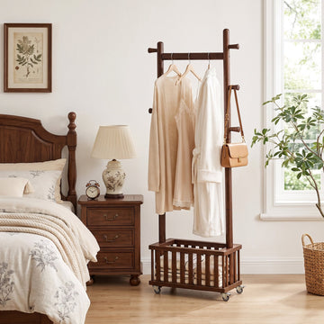 TAITIY Solid Wood Clothes Rack with Storage Basket & 5 Hooks - TAITIY