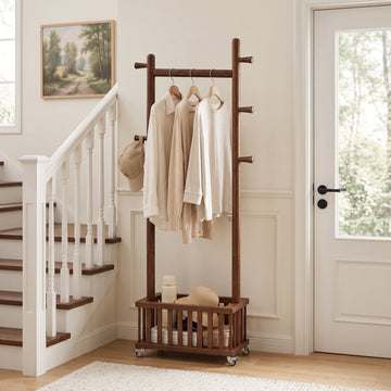 TAITIY Solid Wood Clothes Rack with Storage Basket & 5 Hooks - TAITIY