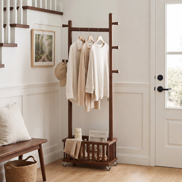 TAITIY Solid Wood Clothes Rack with Storage Basket & 5 Hooks - TAITIY