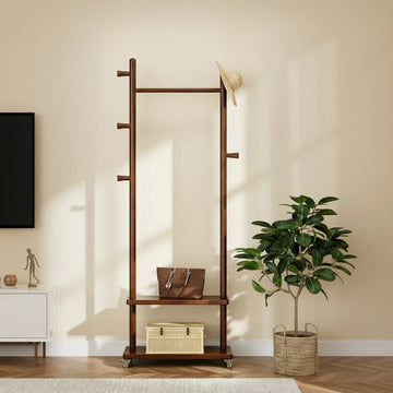 Taitiy Solid Wood Coat Rack with Wheels - TAITIY