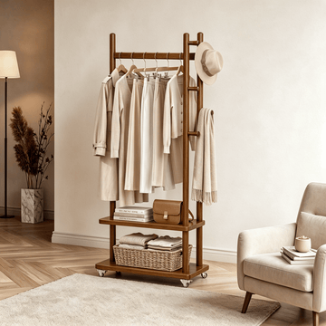 TAITIY Solid Wood Rack on Wheels, 2 Shelves & 5 Hooks - TAITIY