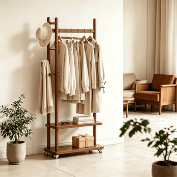 TAITIY Solid Wood Rack on Wheels, 2 Shelves & 5 Hooks - TAITIY