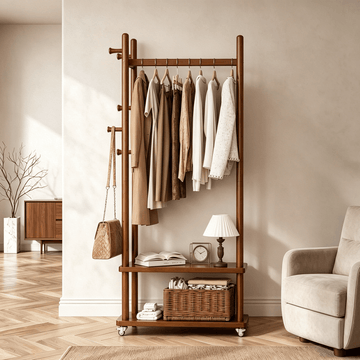 TAITIY Solid Wood Rack on Wheels, 2 Shelves & 5 Hooks - TAITIY