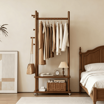 TAITIY Solid Wood Rack on Wheels, 2 Shelves & 5 Hooks - TAITIY