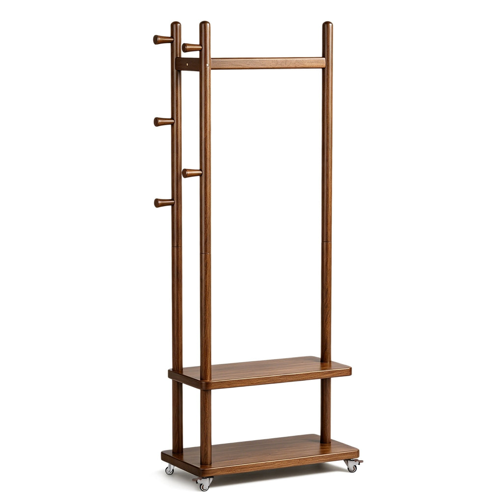 Solid Wood Coat Rack on Wheels | 2 Shelves & 5 Hooks | TAITIY