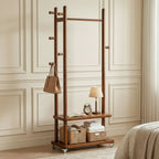 TAITIY Solid Wood Rack on Wheels, 2 Shelves & 5 Hooks, - TAITIY