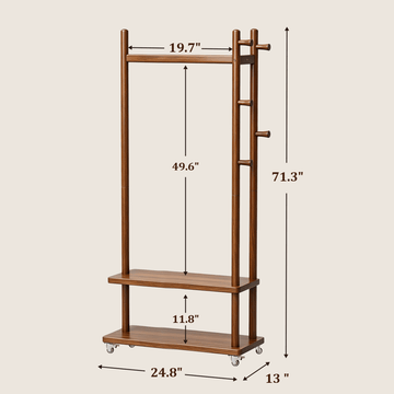 TAITIY Solid Wood Rack on Wheels, 2 Shelves & 5 Hooks - TAITIY