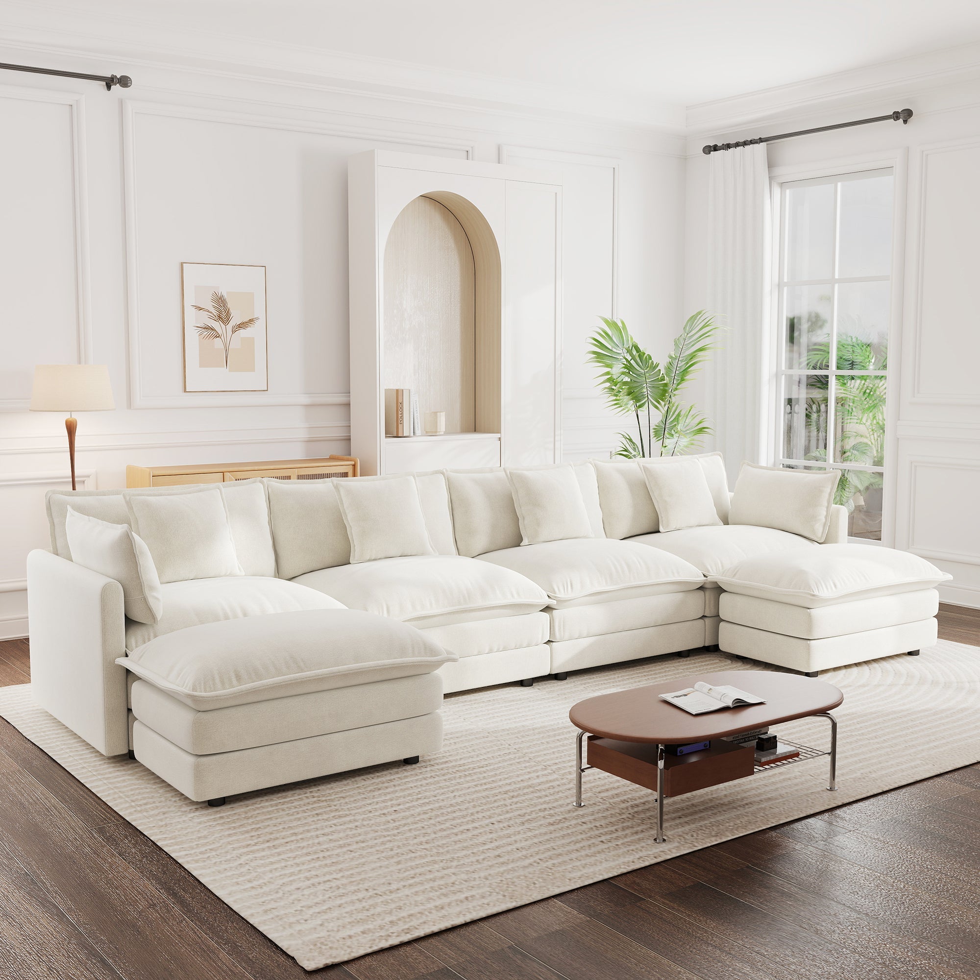 U - Shape Sectional Sofa, 4 - Seat — White Chenille - TAITIY