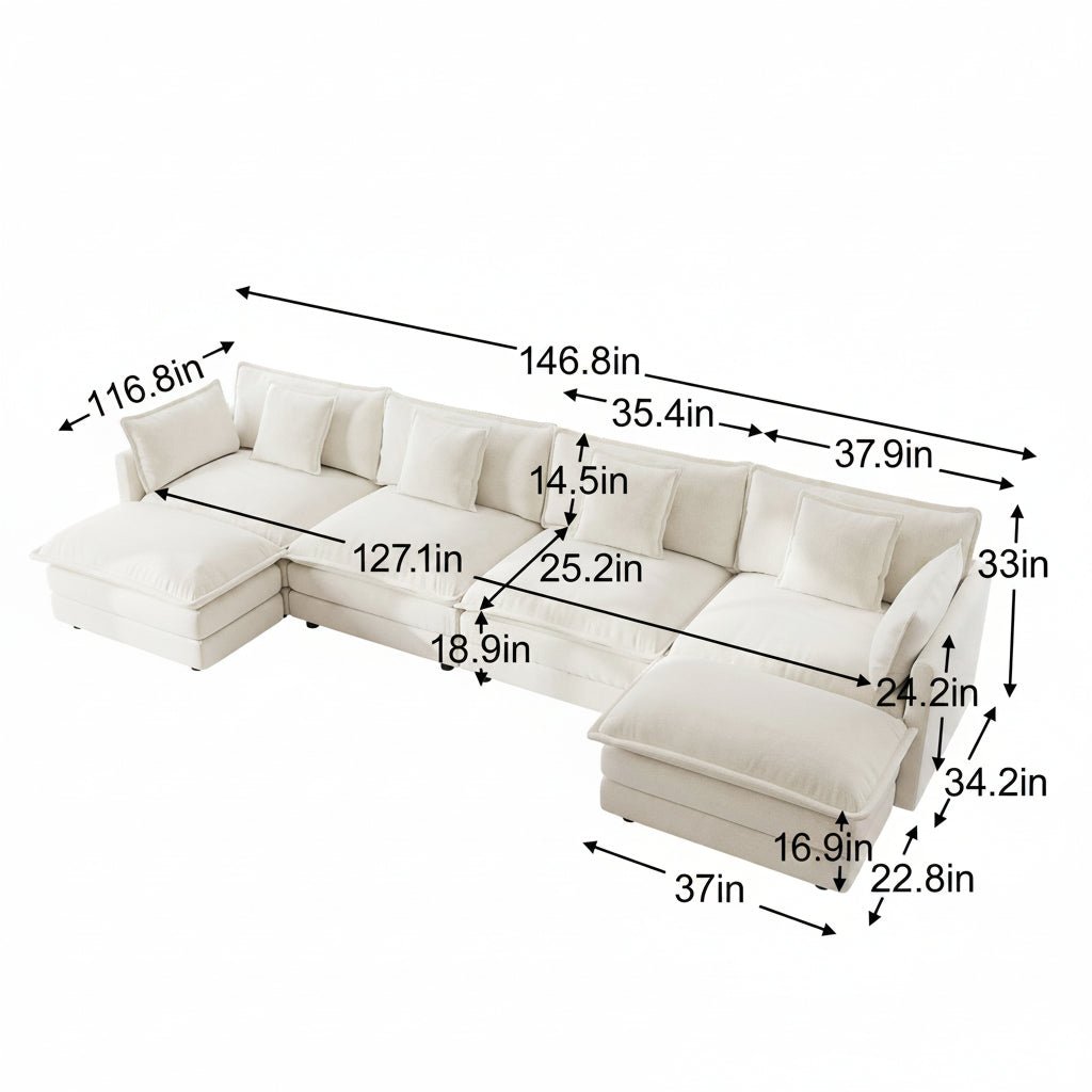U - Shape Sectional Sofa, 4 - Seat — White Chenille - TAITIY