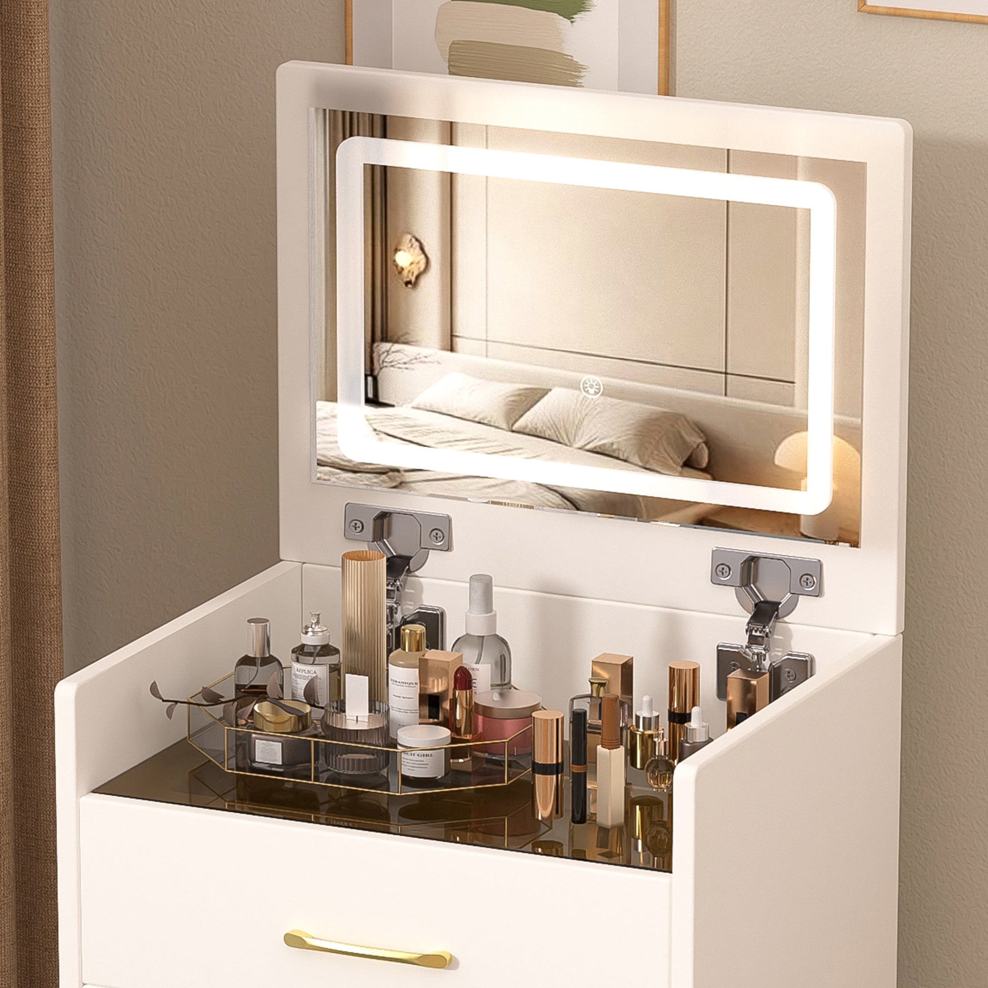 Vanity Desk — Flip Mirror & Glass Top - TAITIY