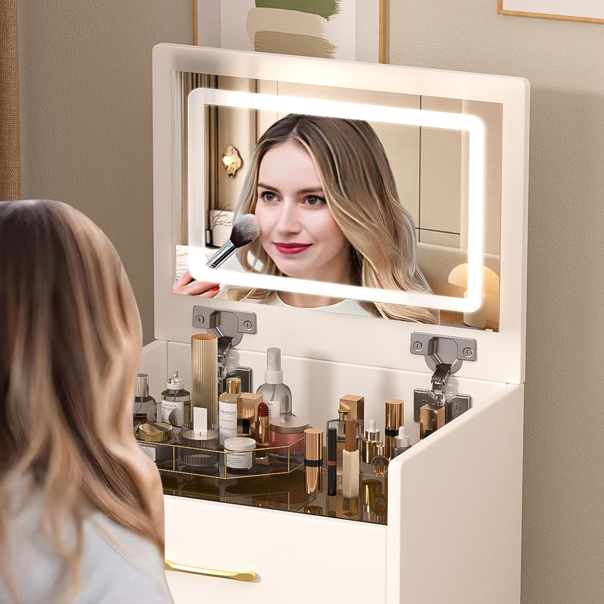 Vanity Desk — Flip Mirror & Glass Top - TAITIY