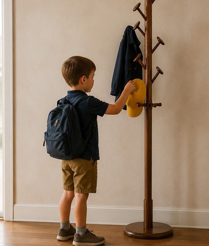 Child hanging a backpack on a coat rack